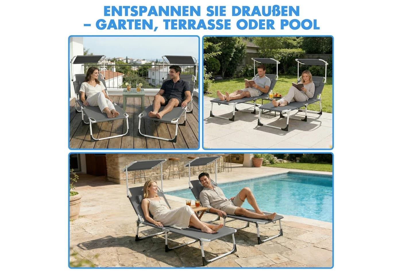 Huracan Gartenliege mit Dach & Kopfkissen 2 St. Klappbar Extra Breit - Bild 4