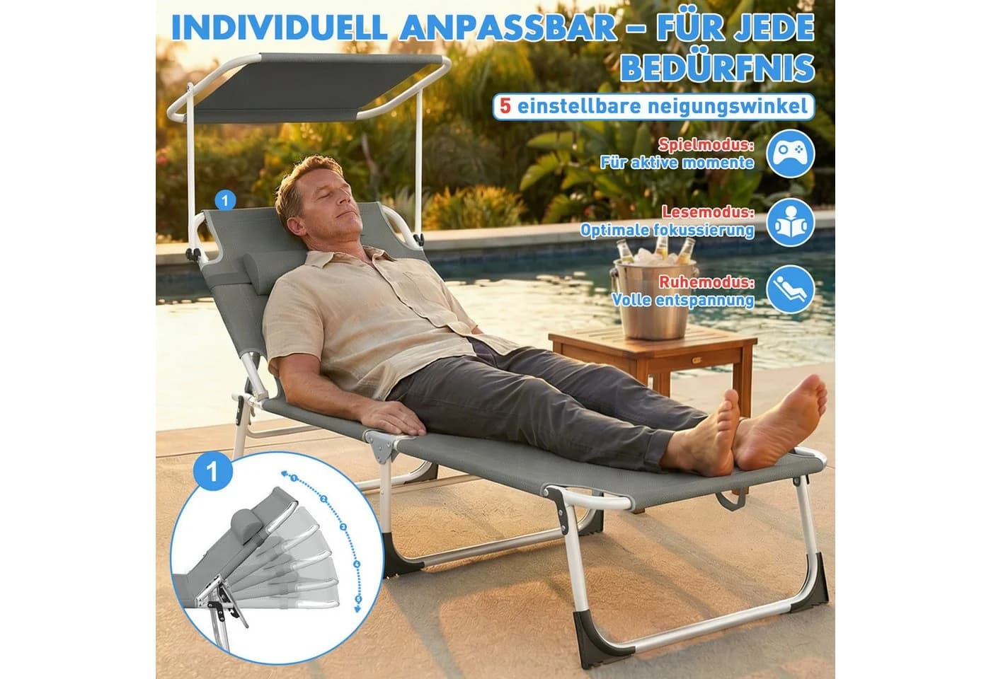 Huracan Gartenliege mit Dach & Kopfkissen 2 St. Klappbar Extra Breit - Bild 5