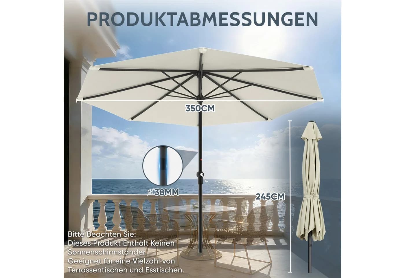 Huracan Sonnenschirm neigbar mit LED Beige 300/350 cm - Bild 3