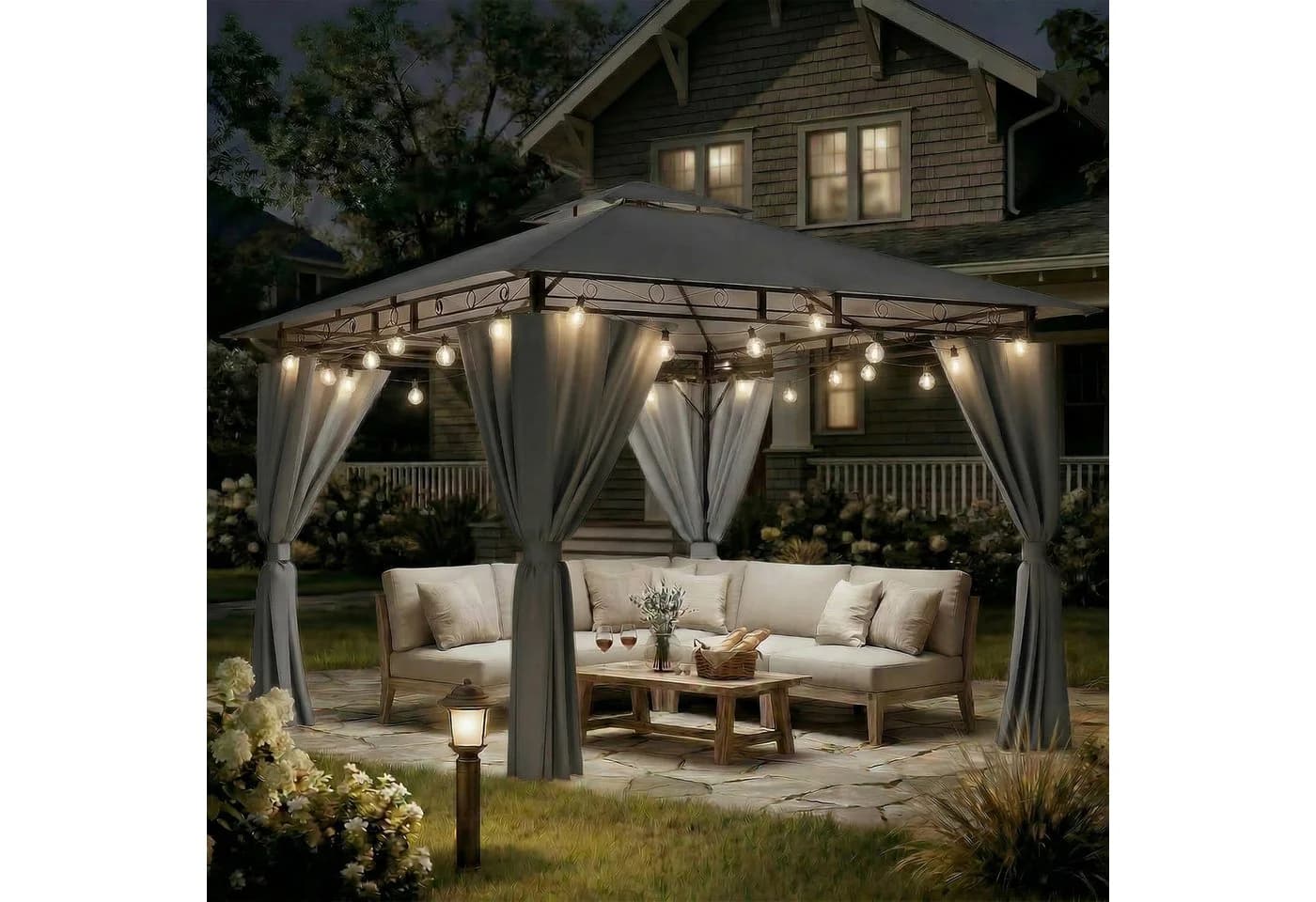 GUNJI Pavillon mit LED-Beleuchtung und UV-Schutz Grau - Bild 2