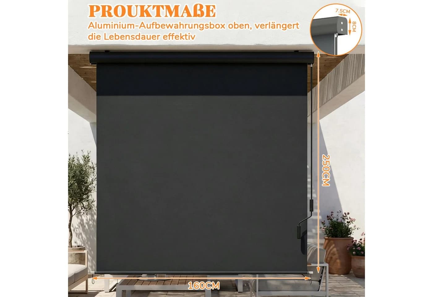 Huracan Senkrechtmarkise mit Handkurbel Anthrazit UV-Schutz