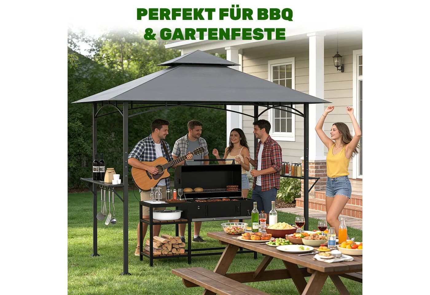 Huracan Grillpavillon Grau mit Doppeldach & Ablageflächen - Bild 3