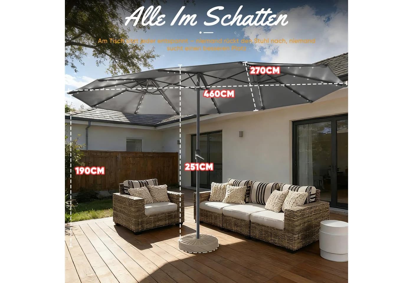 Huracan Sonnenschirm Doppelschirm Dunkelgrau UPF 50+ LED Optional