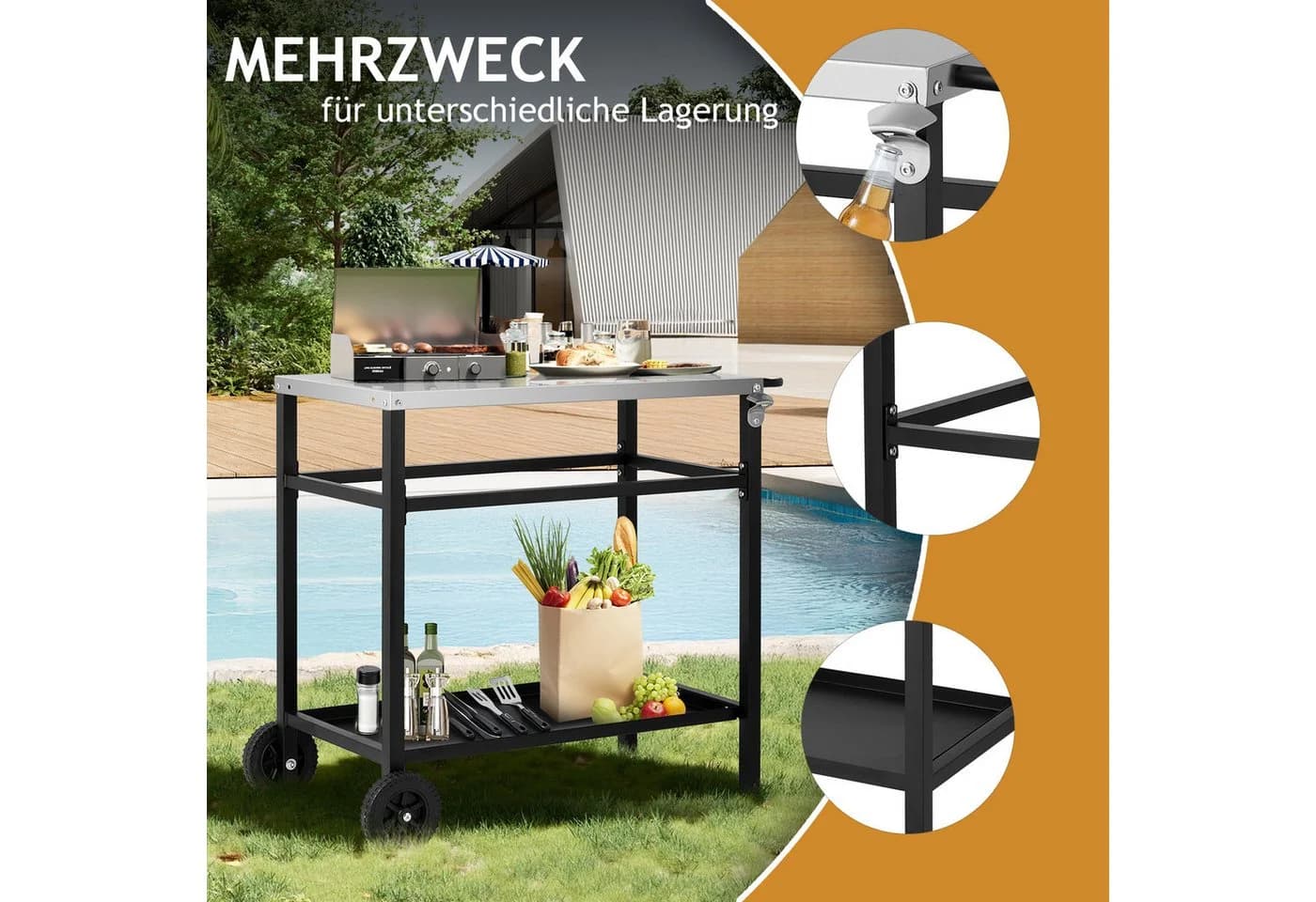LALAHO Grillwagen Edelstahl mit Stauraum und Rollen - Bild 4
