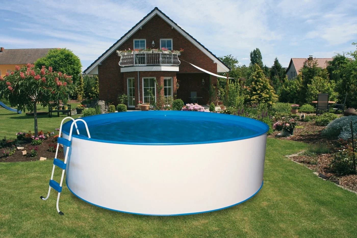 MY POOL BWT Rundpool mit Leiter und Kartuschenfilteranlage, Stahlwand, blau/weiß