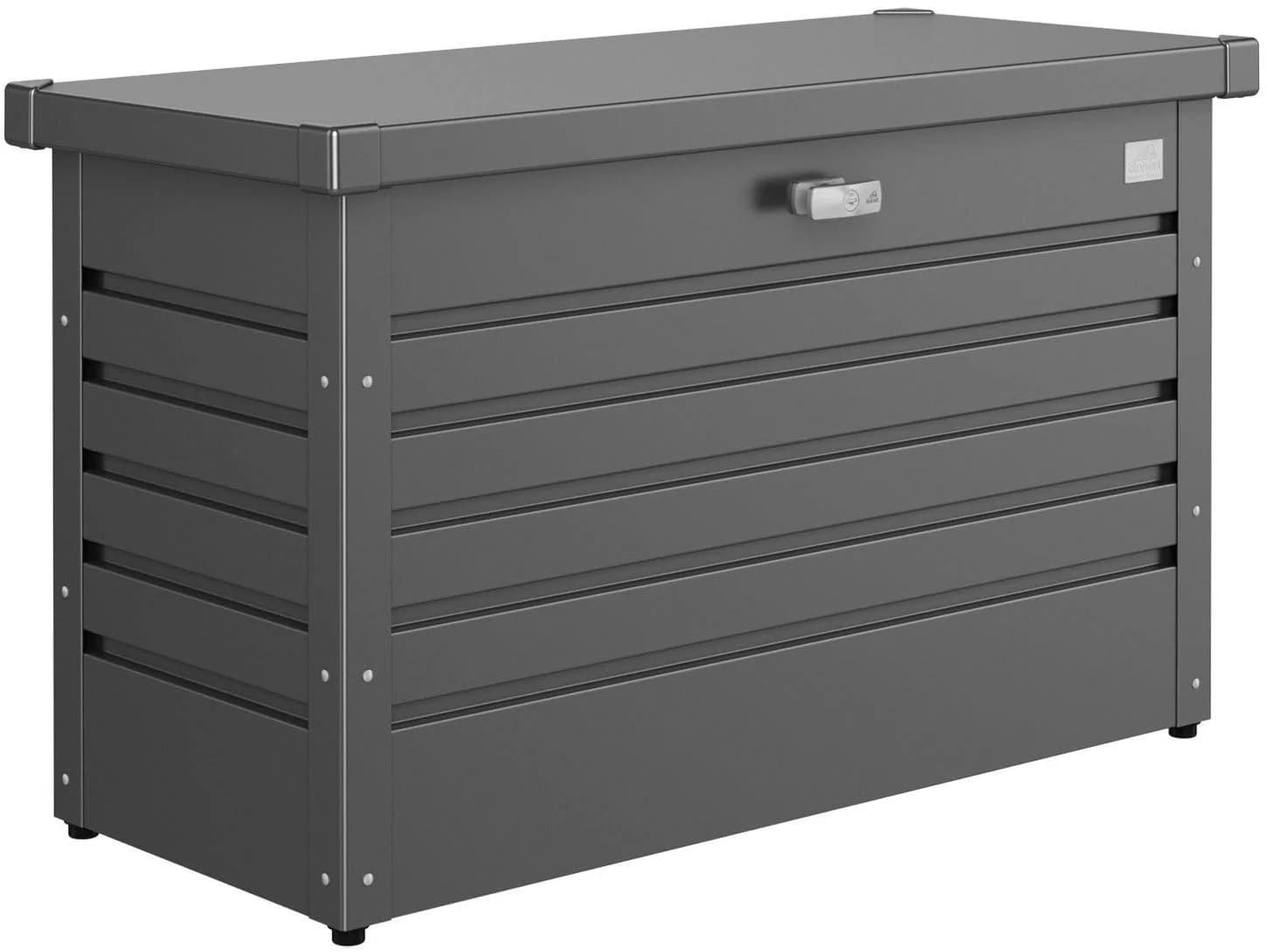 Formschöne Gartenbox aus Stahl und Metall in Dunkelgrau und Metallic