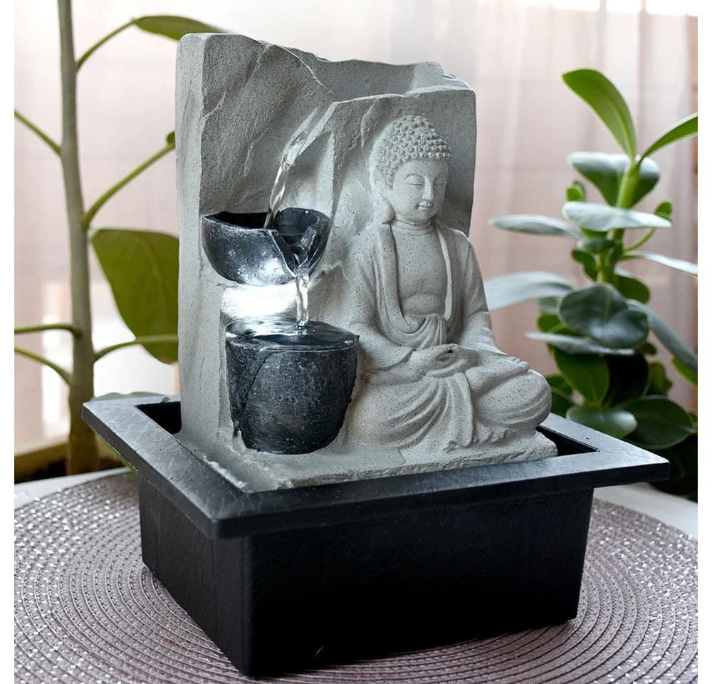 GLOBO LIGHTING Buddha Tischbrunnen LED Kunststoff Grau