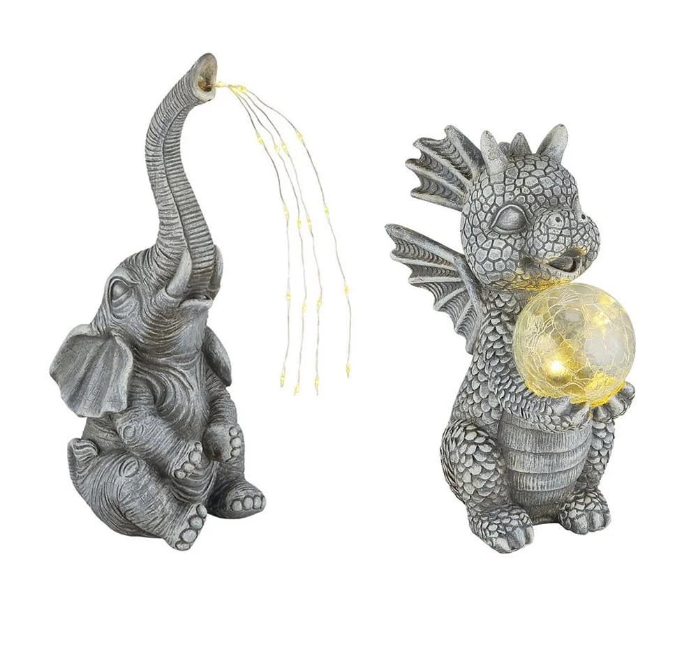GLOBO LIGHTING LED Dekofigur 2er Set Drache Elefant Solarleuchte Grau