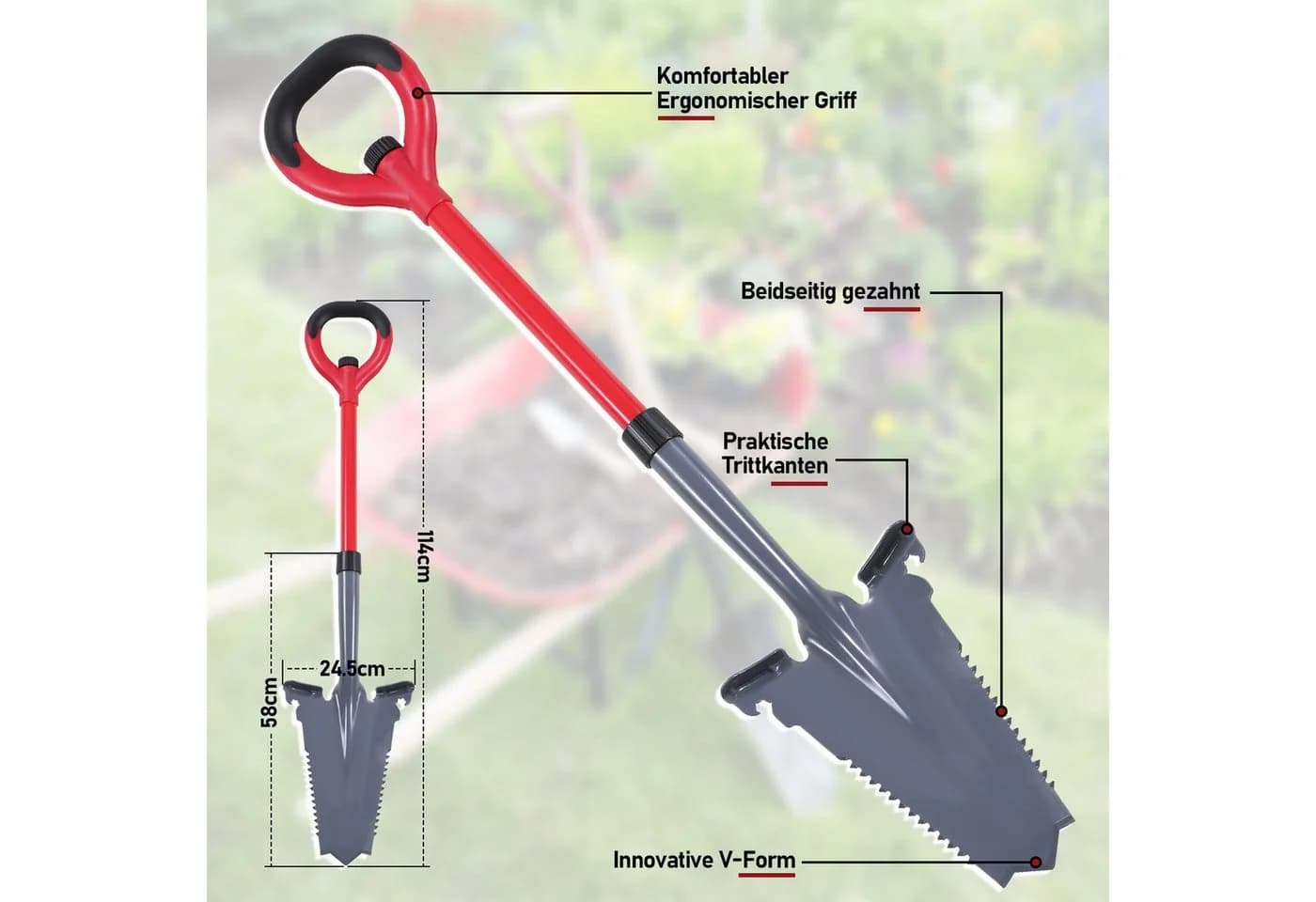 Clanmacy Gartenspaten mit V-Klinge und Wurzelsäge, 114 cm, Rot/Schwarz