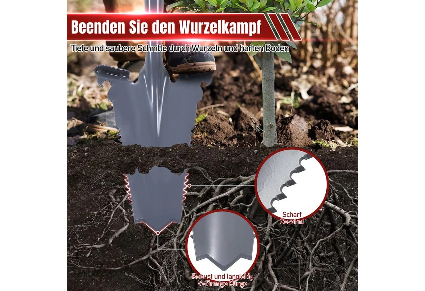 Clanmacy Gartenspaten mit V-Klinge und Wurzelsäge, 114 cm, Rot/Schwarz - Bild 4