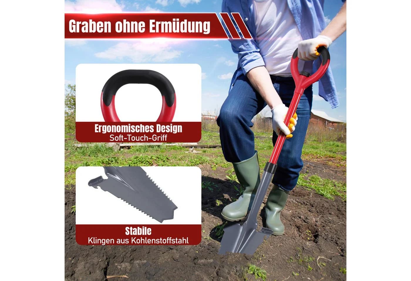 Clanmacy Gartenspaten mit V-Klinge und Wurzelsäge, 114 cm, Rot/Schwarz - Bild 5
