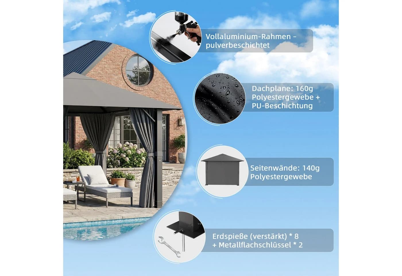GUNJI Pavillon 3,3x3,3m Wasserdicht Grau Schwarz Gartenpavillon - Bild 4