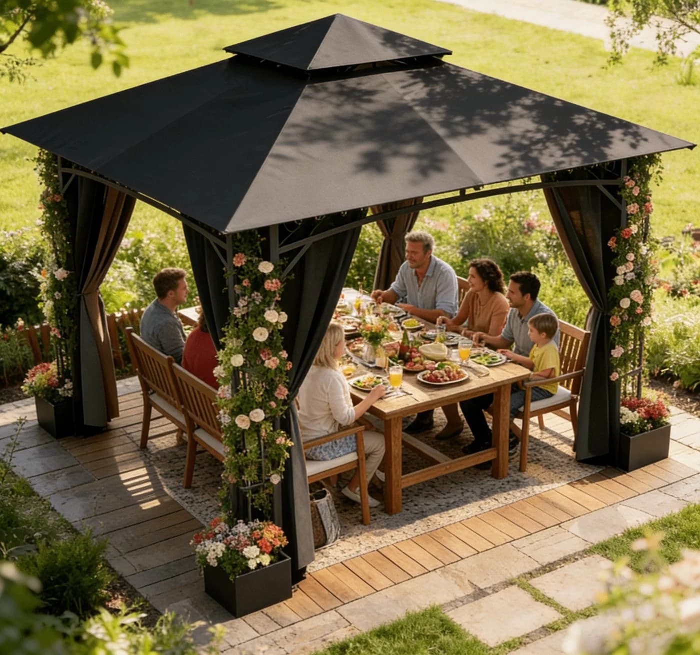 HOMALL Pavillon 3*3 Gartenpavillon mit Blumenkästen und Seitenteilen