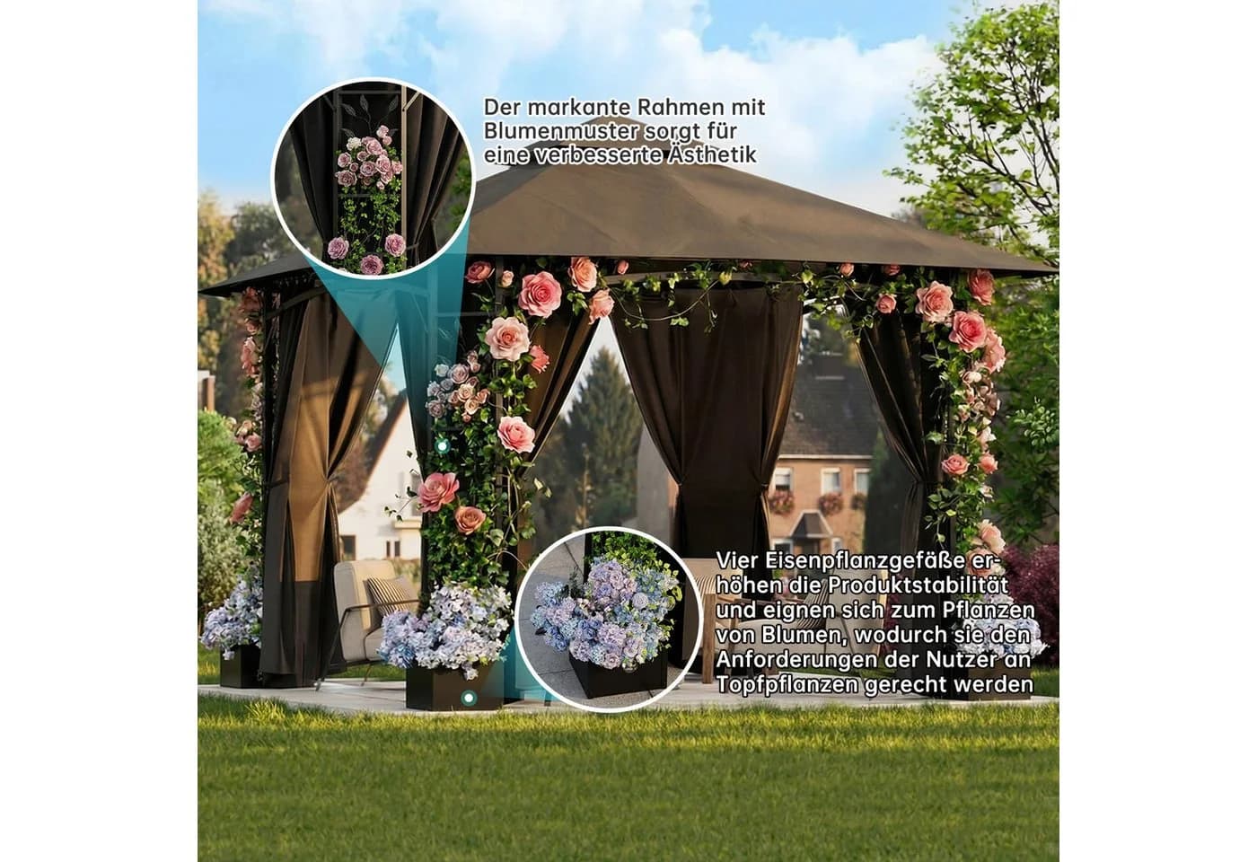 GUNJI Pavillon 3x3m Gartenpavillon mit Blumenkasten