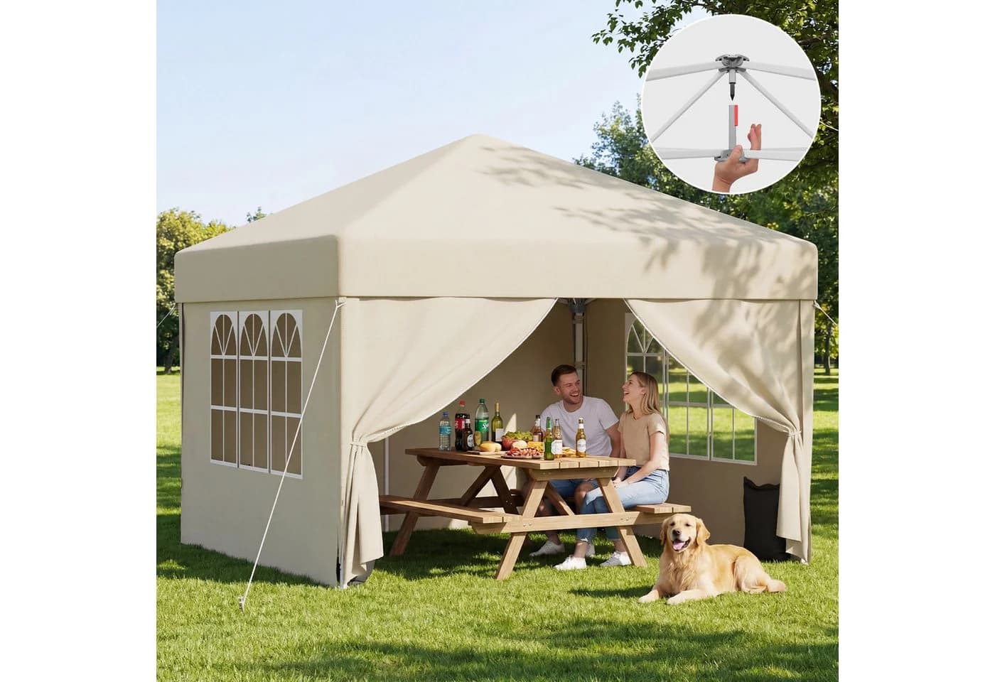 GUNJI Faltpavillon Pop Up Partyzelt Beige/Grau/Blau wasserdicht