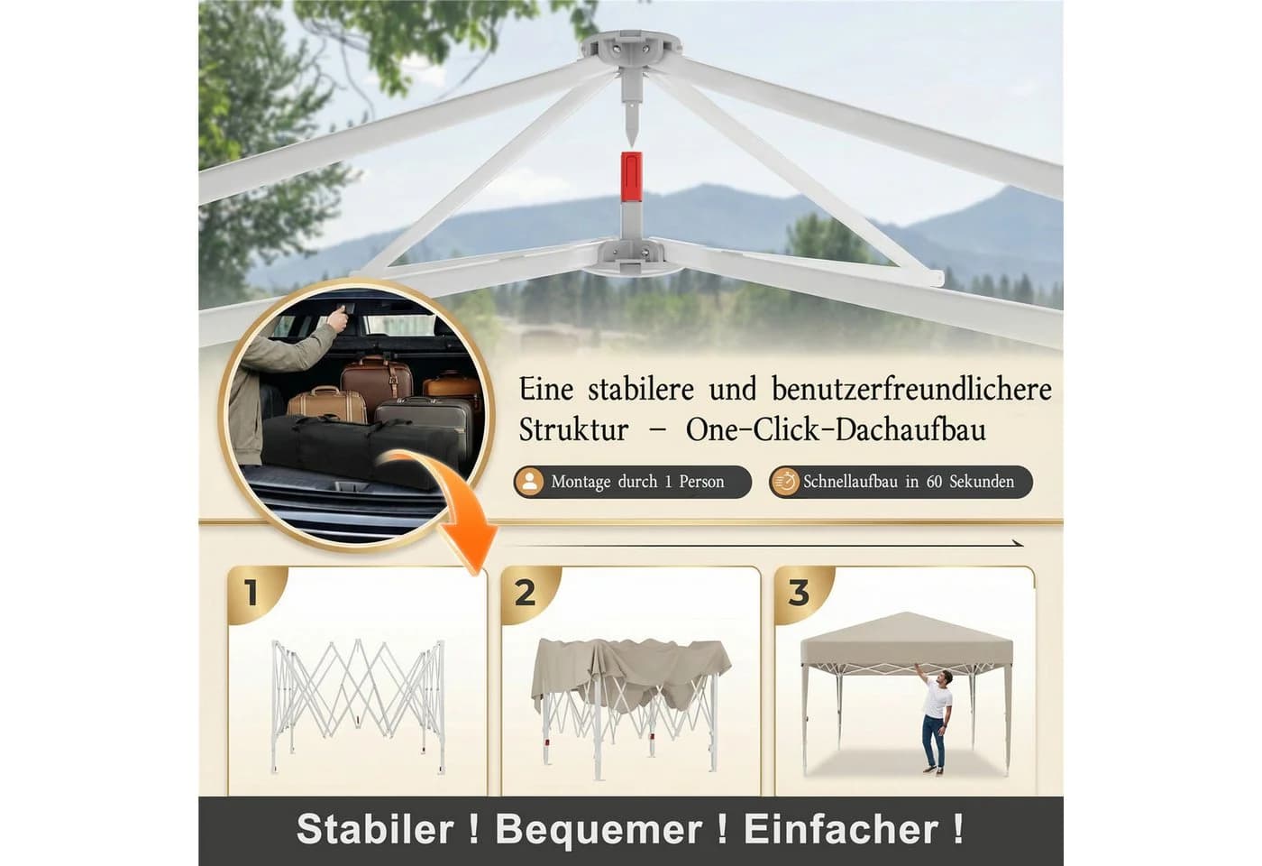 GUNJI Pavillon 3x3/3x6m Beige mit Insektenschutz und UV-Schutz - Bild 3