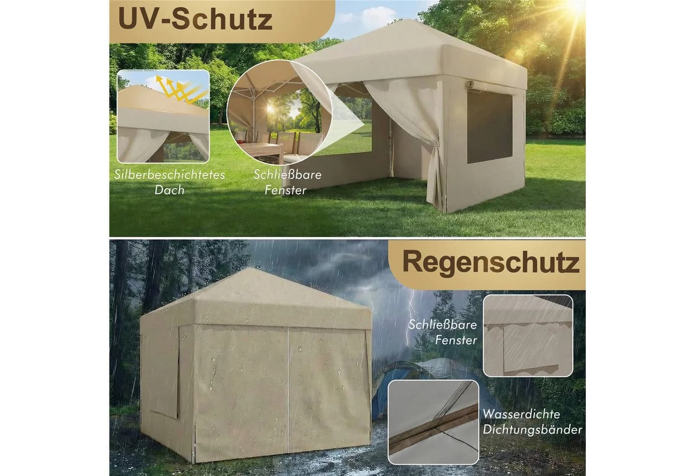 GUNJI Pavillon 3x3/3x6m Beige mit Insektenschutz und UV-Schutz - Bild 4