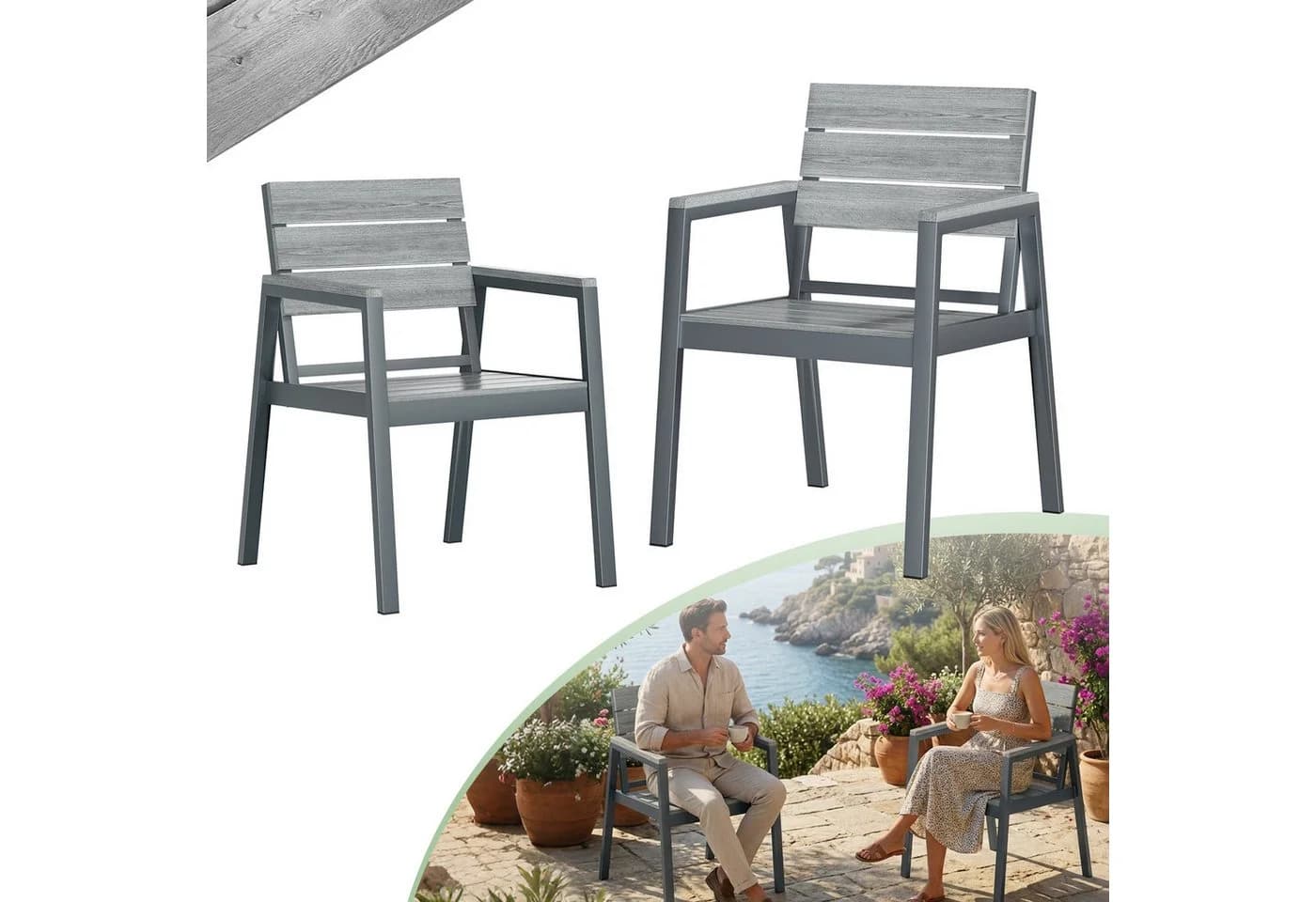 GUNJI Gartenstuhl Holzimitat Grau Stapelbar Alu-Outdoorstuhl