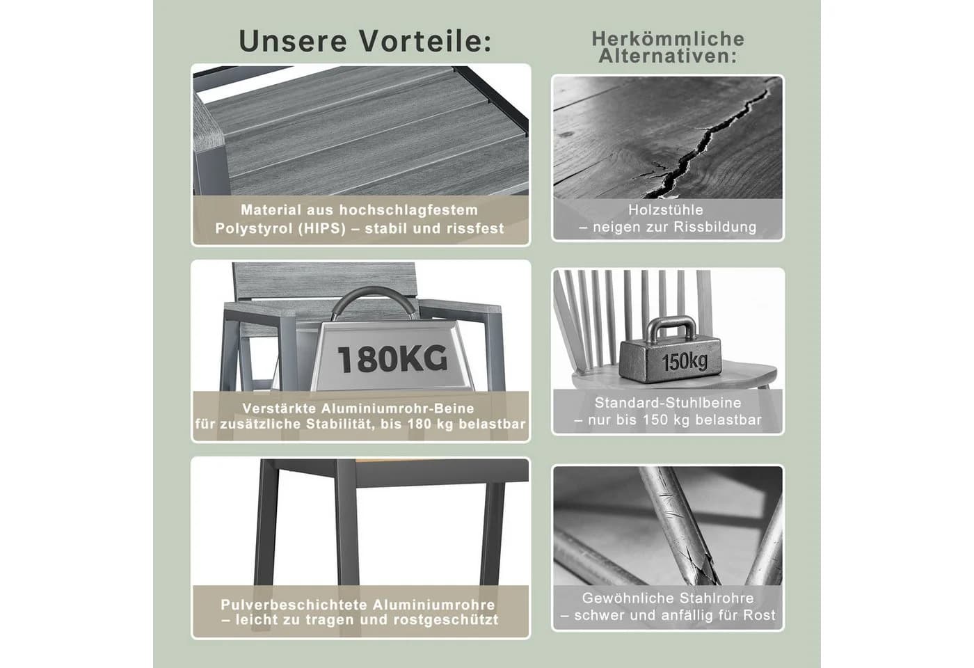 GUNJI Gartenstuhl Holzimitat Grau Stapelbar Alu-Outdoorstuhl - Bild 3
