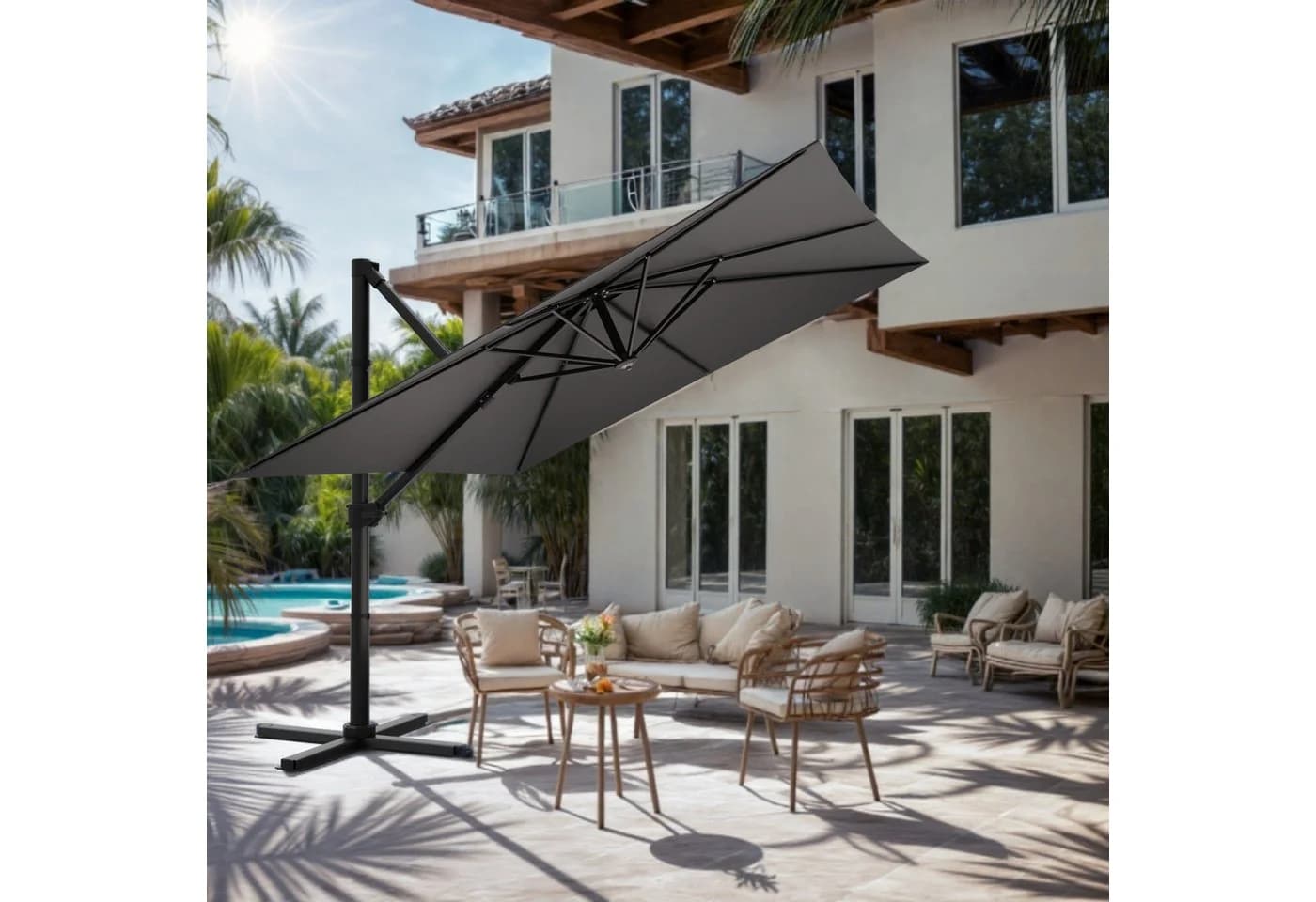 HOMALL Sonnenschirm mit Ständer, 360° drehbar, UV-Schutz 50+, Grau - Bild 3
