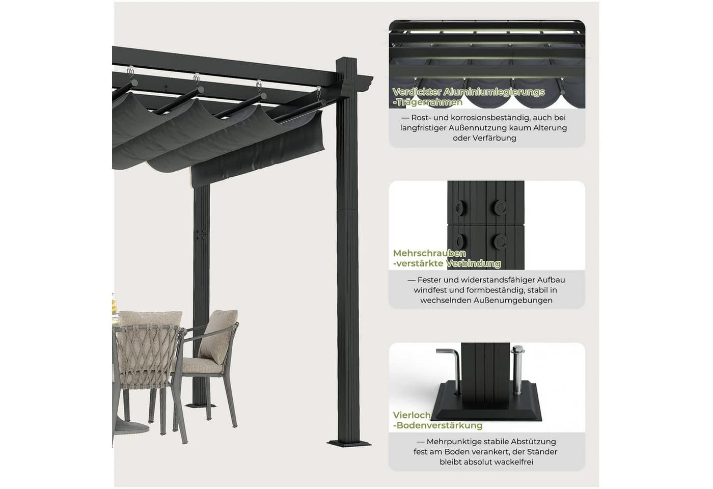 GUNJI Aluminium Pergola mit Magnetbefestigung Grau UV-Schutz - Bild 5