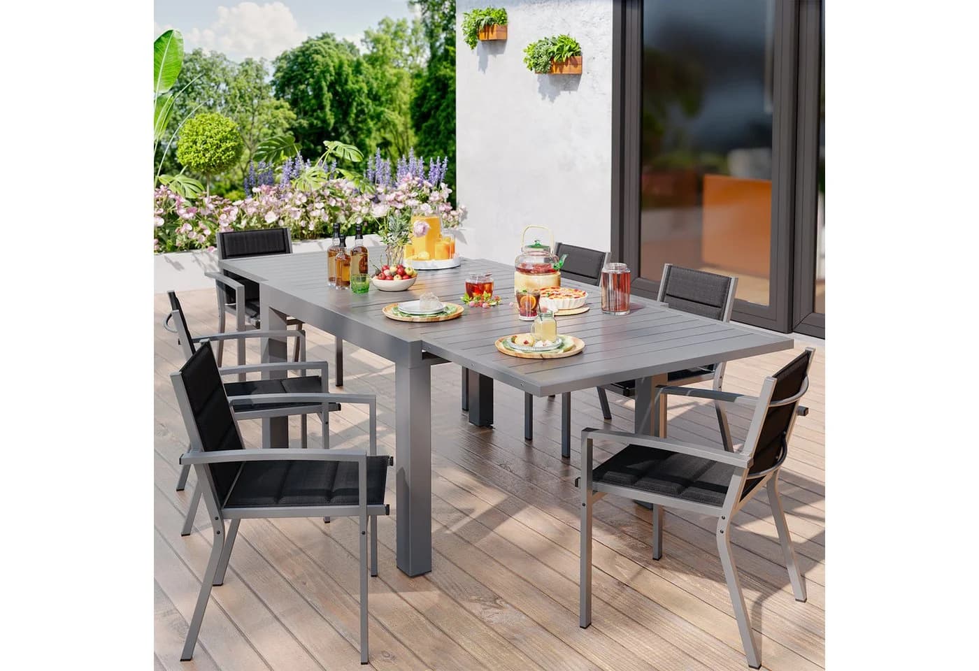 GUNJI Gartenstuhl-Set Stapelbar Aluminium Ausziehbarer Tisch