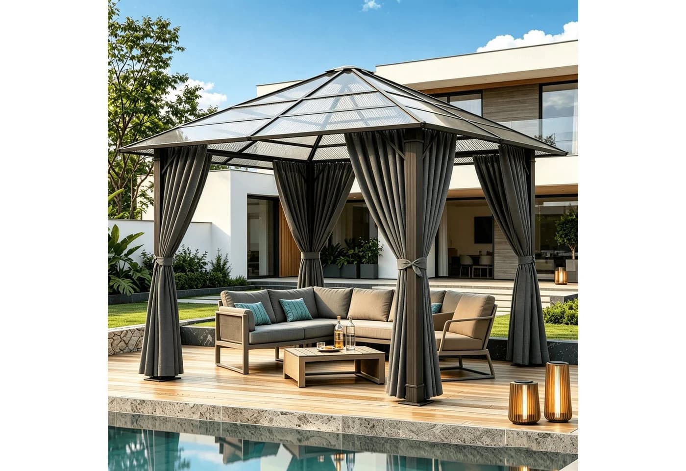 HOMALL Gartenpavillon Aluminium mit LED-Beleuchtung und Windschutz - Bild 2
