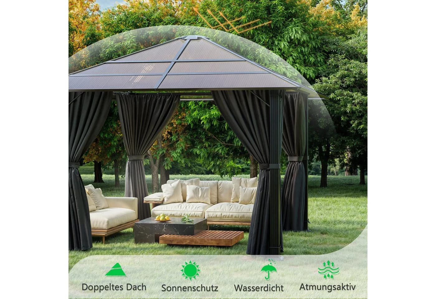 HOMALL Gartenpavillon Aluminium mit LED-Beleuchtung und Windschutz - Bild 3