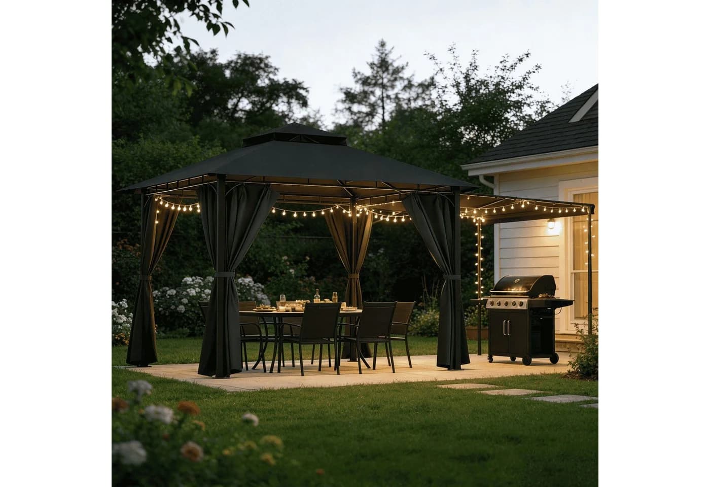 HOMALL Pavillon Extend Grillpavillon Grau mit ausklappbarer Seitenveranda