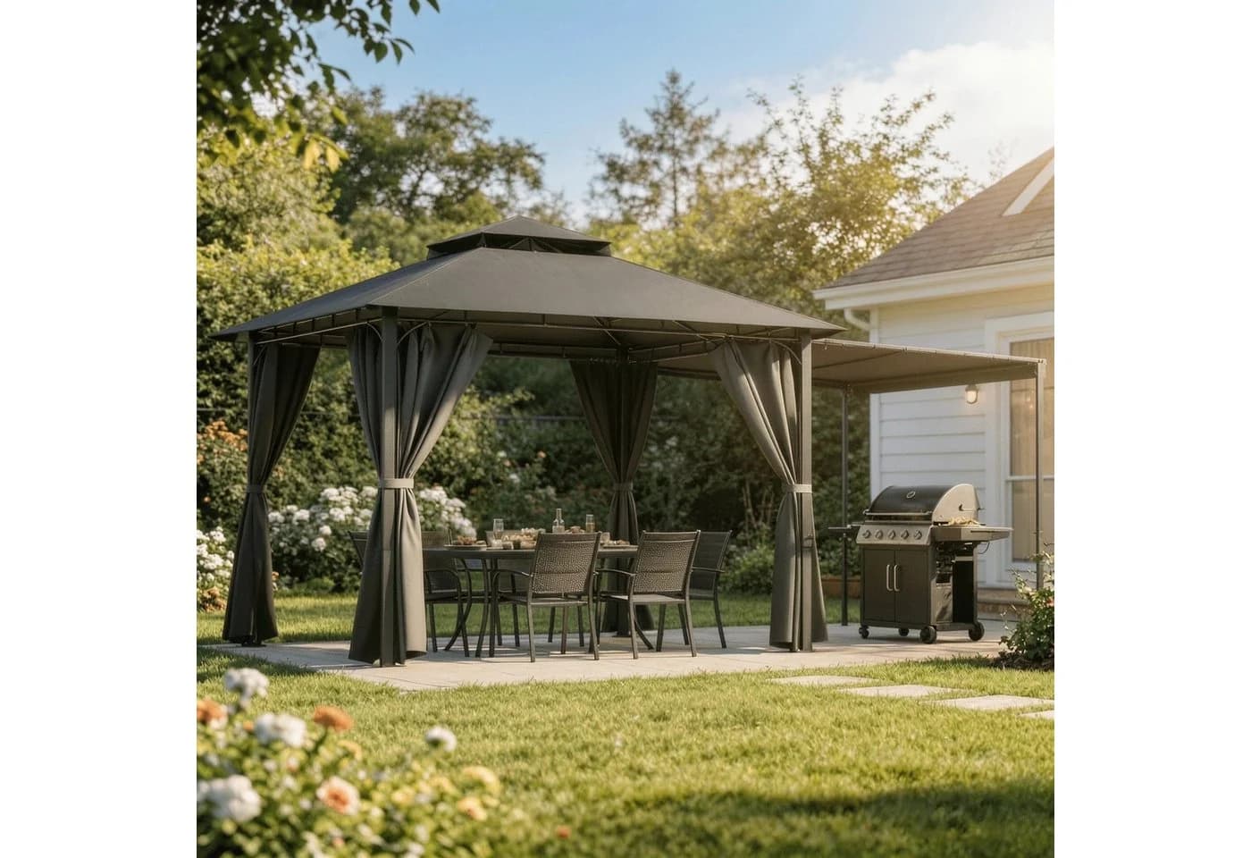 HOMALL Pavillon Extend Grillpavillon Grau mit ausklappbarer Seitenveranda - Bild 2