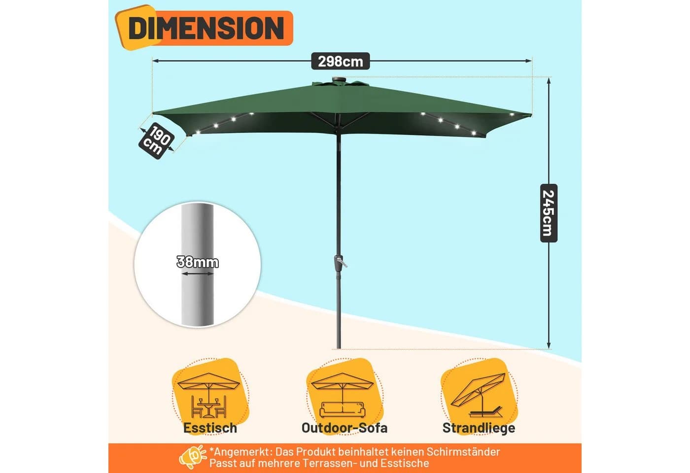 Clanmacy Rechteckiger Sonnenschirm Grün mit LED Solar