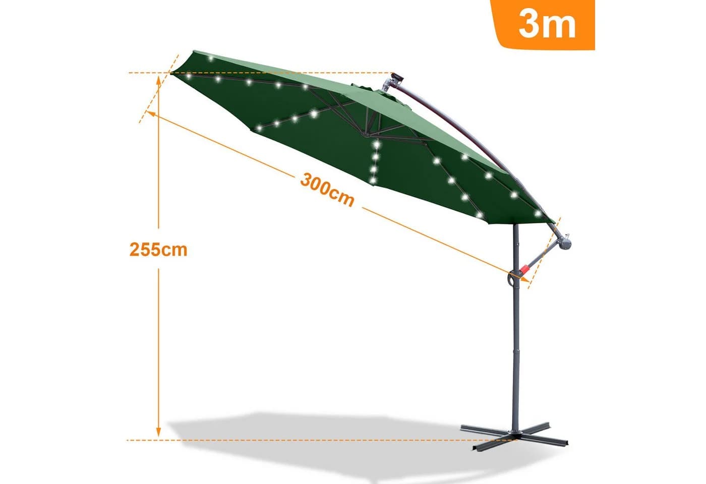 Clanmacy Sonnenschirm 300 cm Grün mit LED & Kurbel
