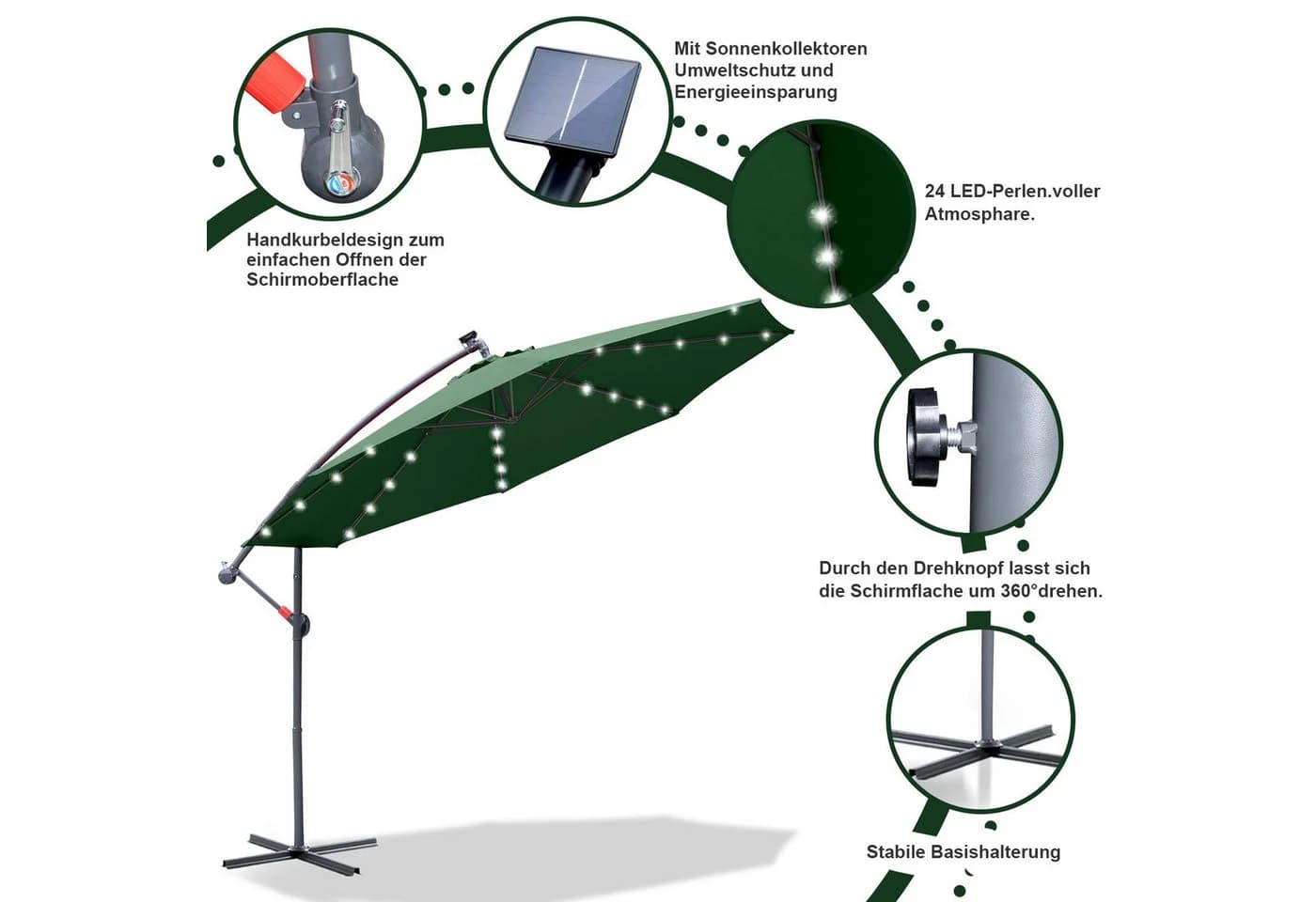 Clanmacy Sonnenschirm 300 cm Grün mit LED & Kurbel - Bild 3
