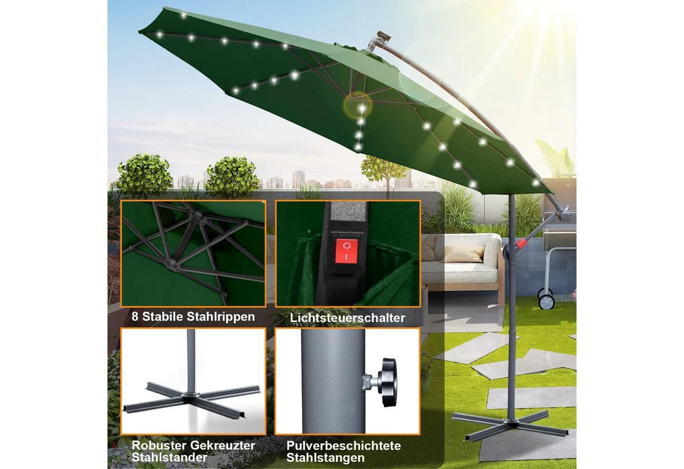 Clanmacy Sonnenschirm 300 cm Grün mit LED & Kurbel - Bild 4