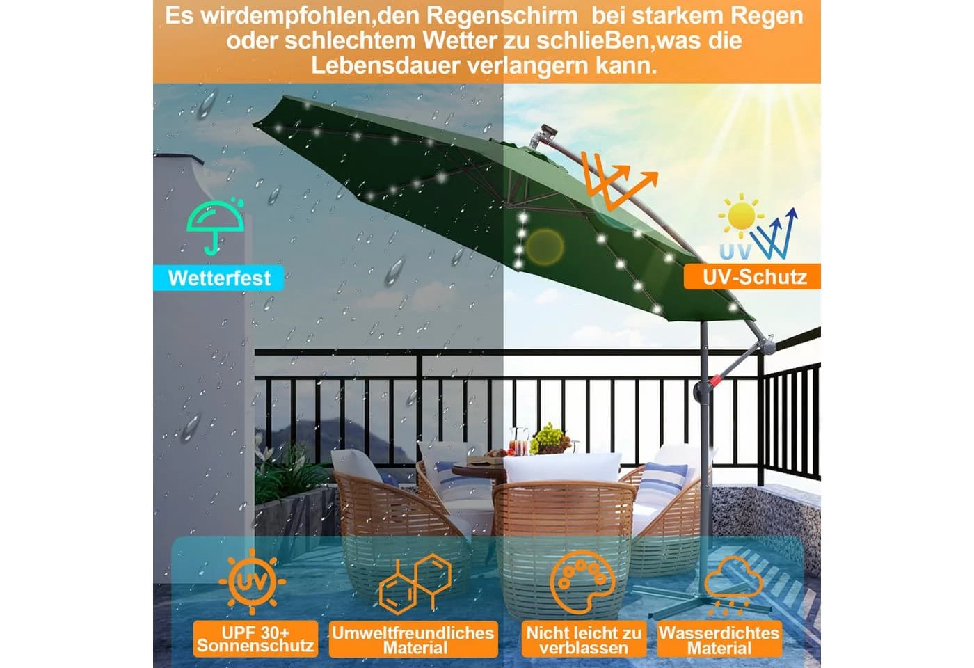 Clanmacy Sonnenschirm 300 cm Grün mit LED & Kurbel - Bild 5