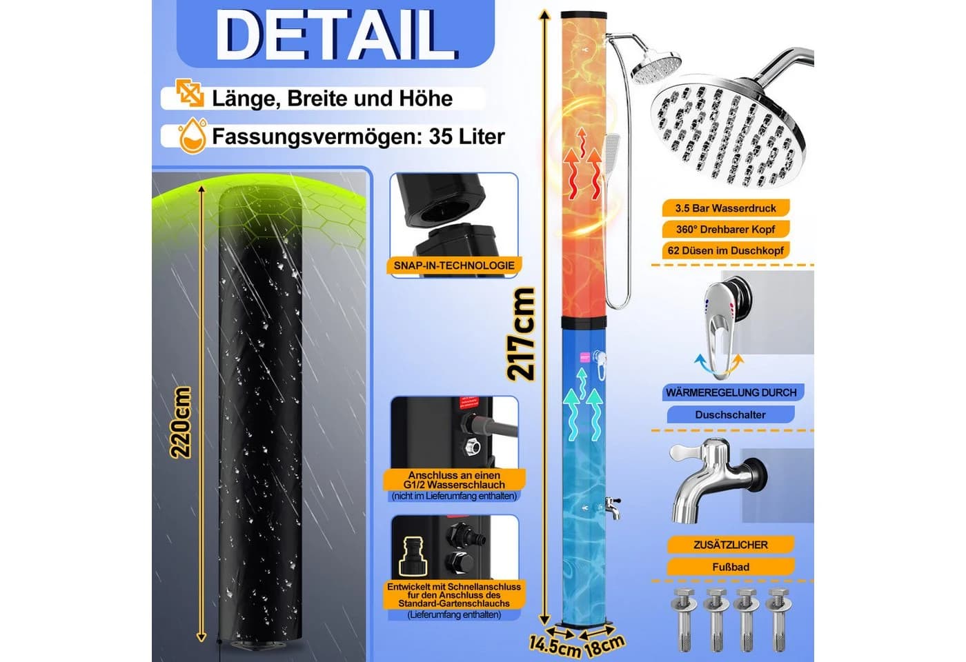 Clanmacy Solardusche 35L mit Fußdusche & Schutzhaube