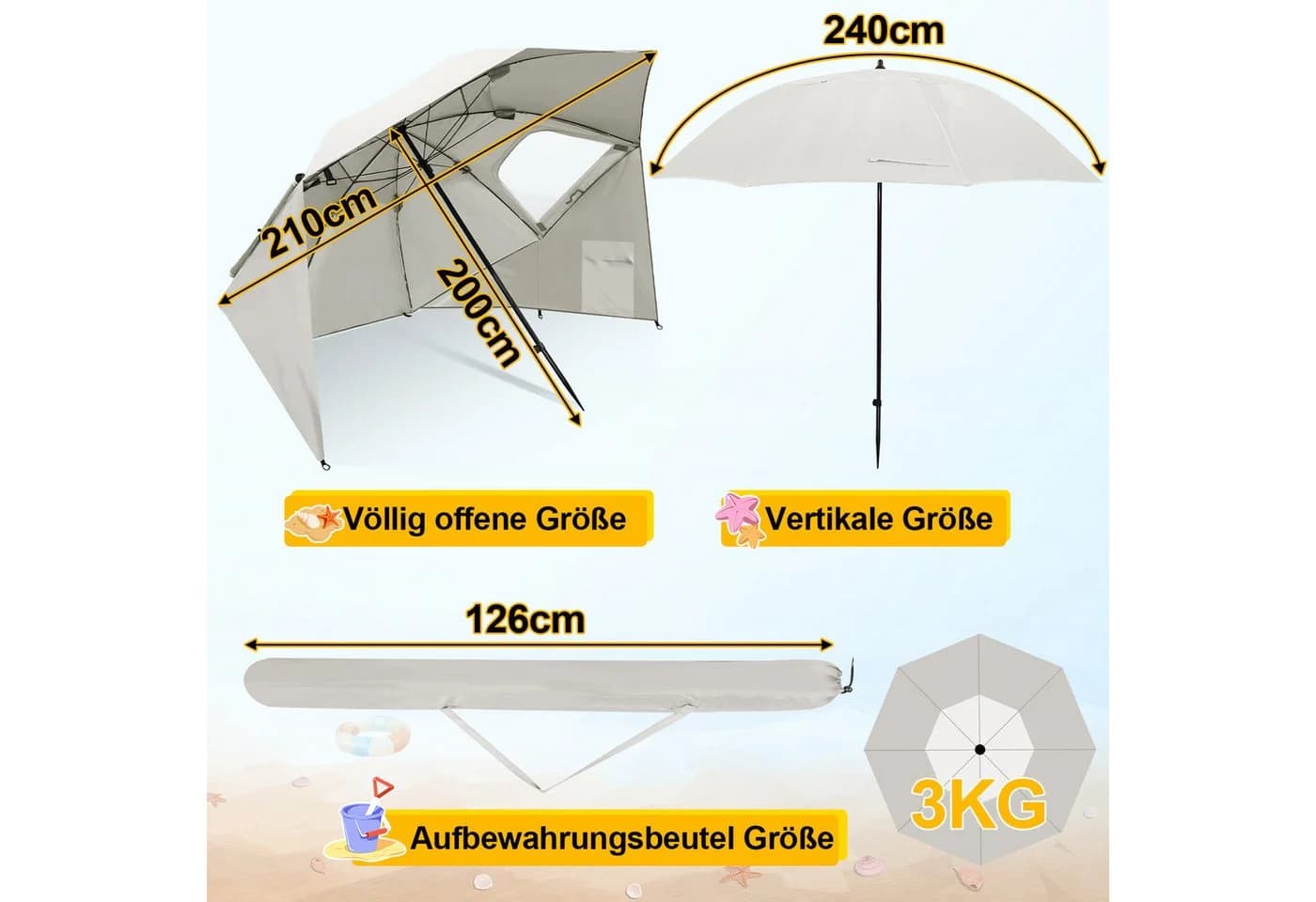 Clanmacy Sonnenschirm Strandschirm Beige UV50+ Pop-up