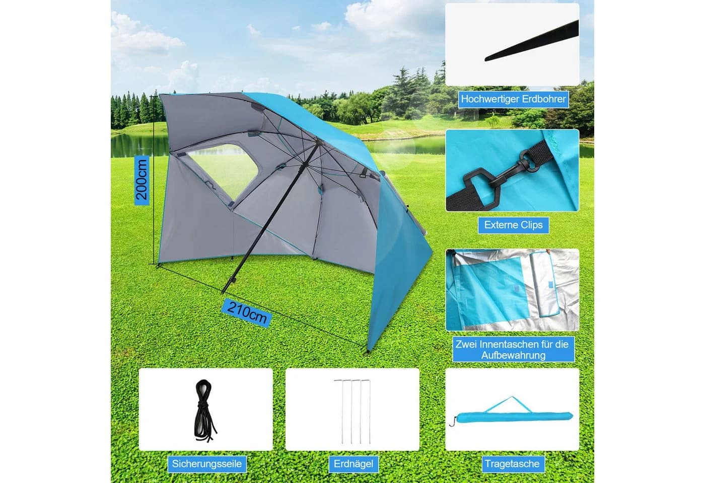 Clanmacy Sonnenschirm Strandschirm UV50+ Blau Pop-up