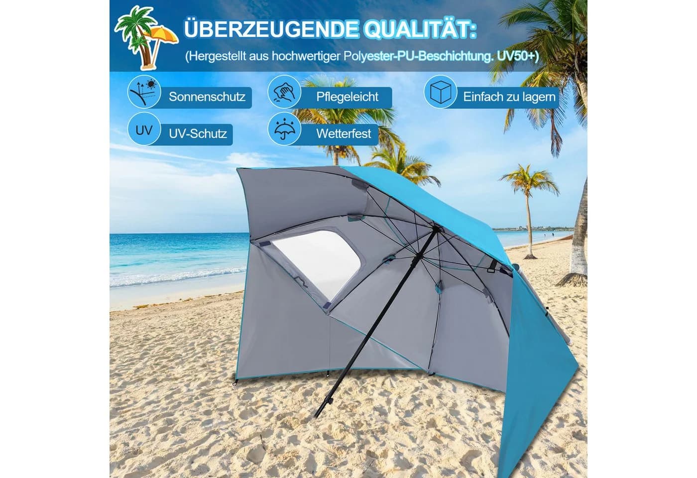 Clanmacy Sonnenschirm Strandschirm UV50+ Blau Pop-up - Bild 4