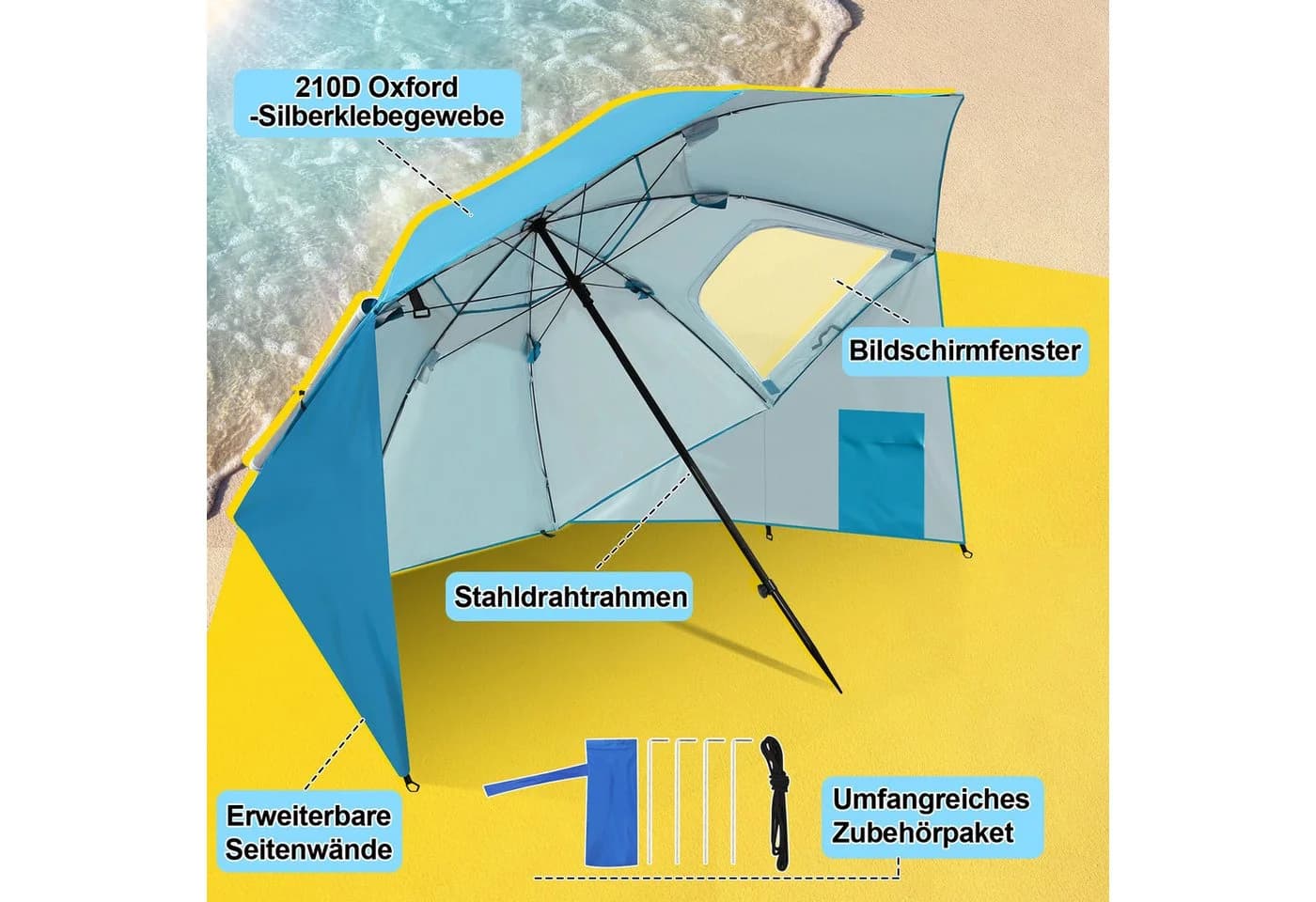 Clanmacy Sonnenschirm Strandschirm UV50+ Blau Pop-up - Bild 5