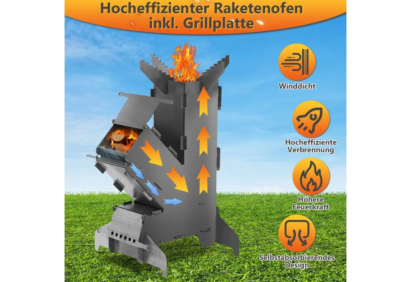 Clanmacy Raketenofen Feuerschale mit Grillplatte und Poker - Bild 3