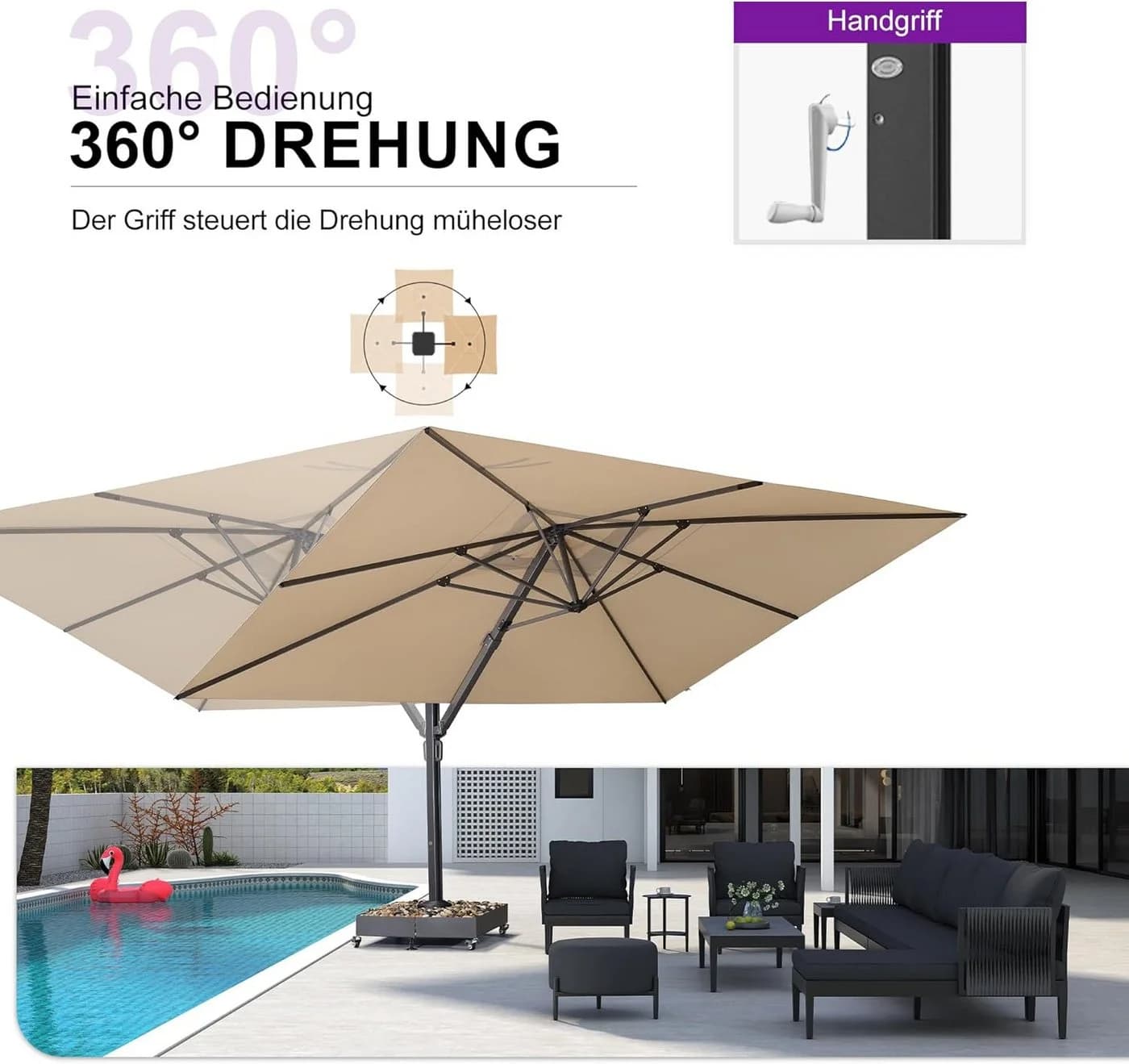 PURPLE LEAF Sonnenschirm Rechteckig Beige 360° drehbar - Bild 4