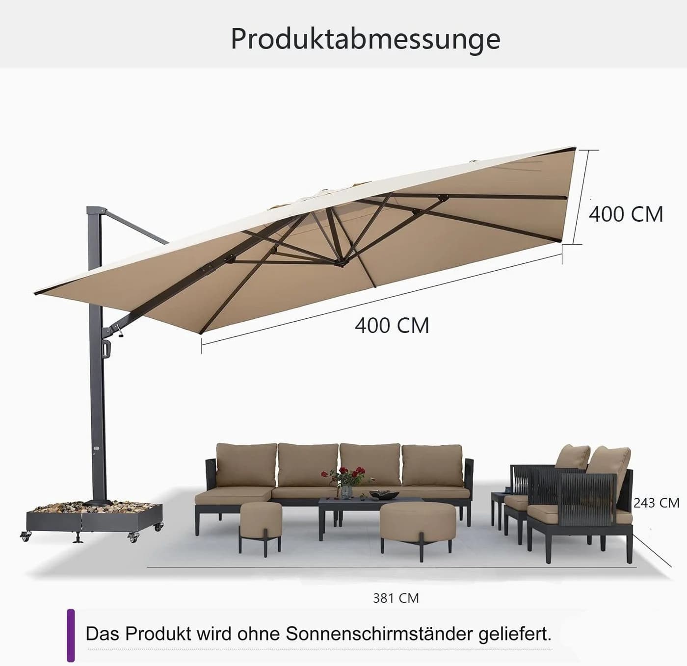 PURPLE LEAF Sonnenschirm Quadratisch Beige 400x400 cm