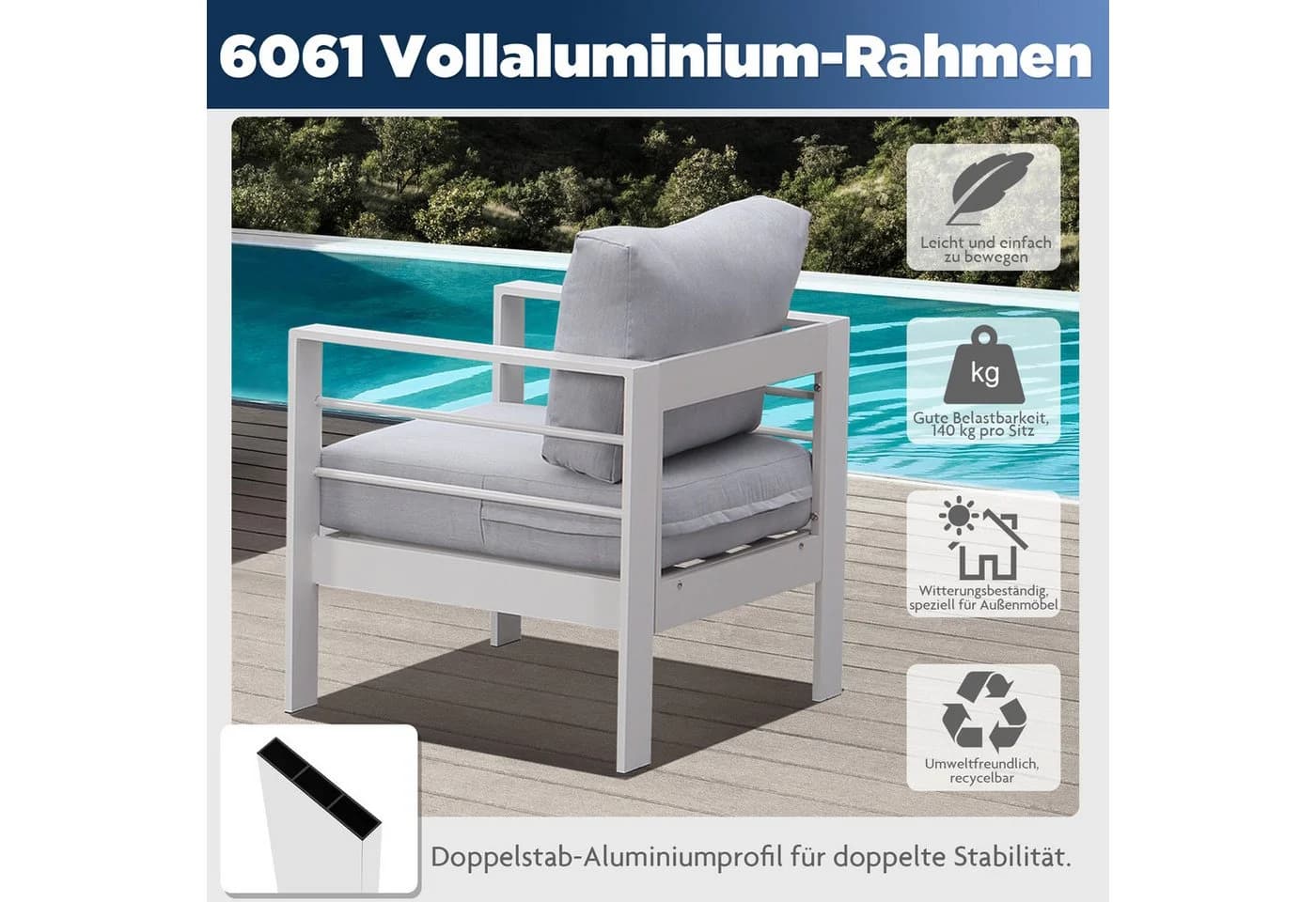 MeXo Gartenlounge-Set XXL Aluminium Outdoor weiß 5-tlg. - Bild 5