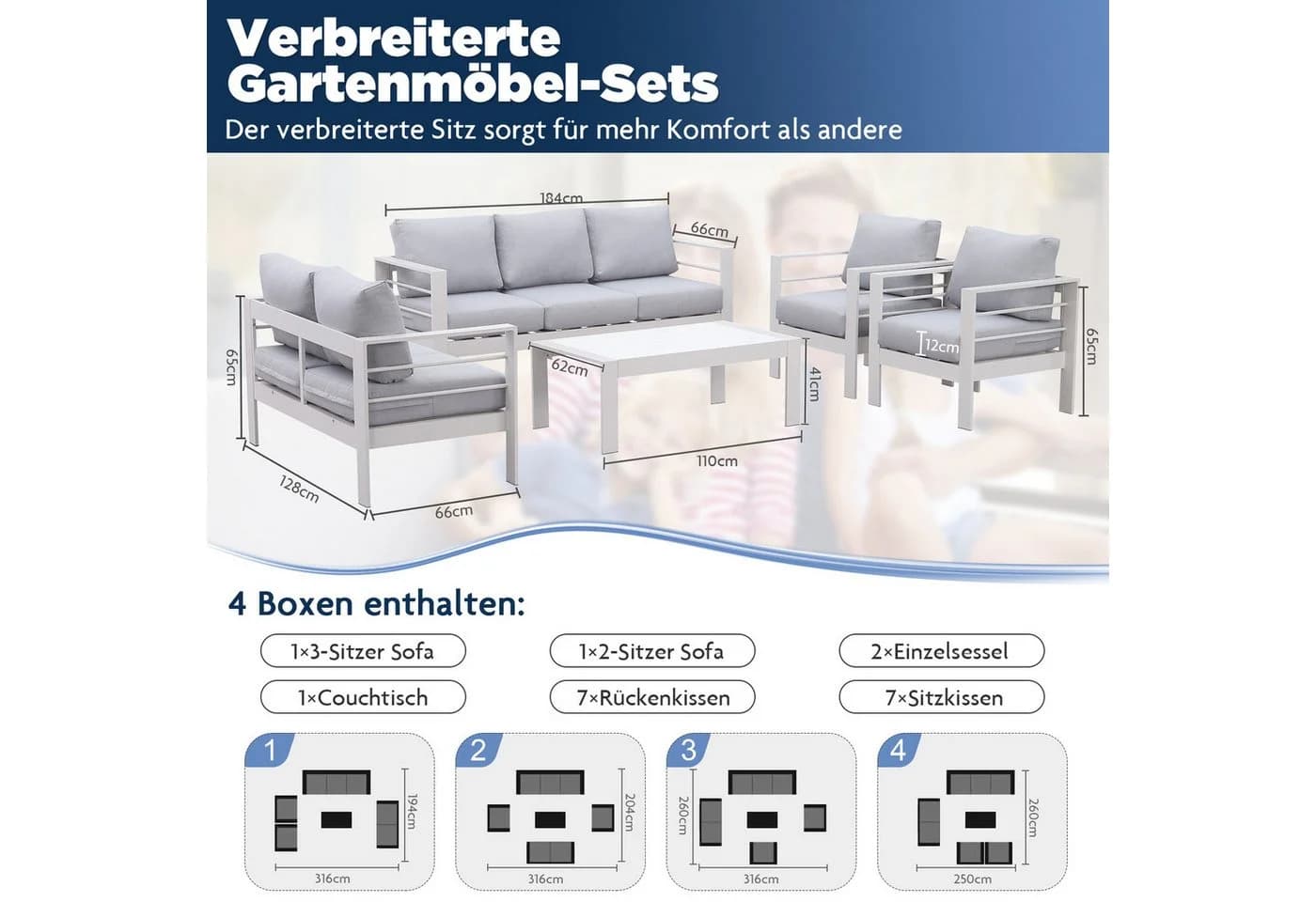 MeXo Gartenlounge-Set 4-tlg. Weiß Aluminium Wetterfest mit Kissen - Bild 3