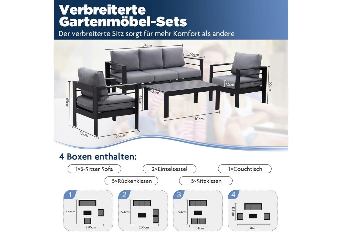 MeXo Gartenlounge-Set 4-5 Personen Aluminium Schwarz Wetterfest - Bild 3