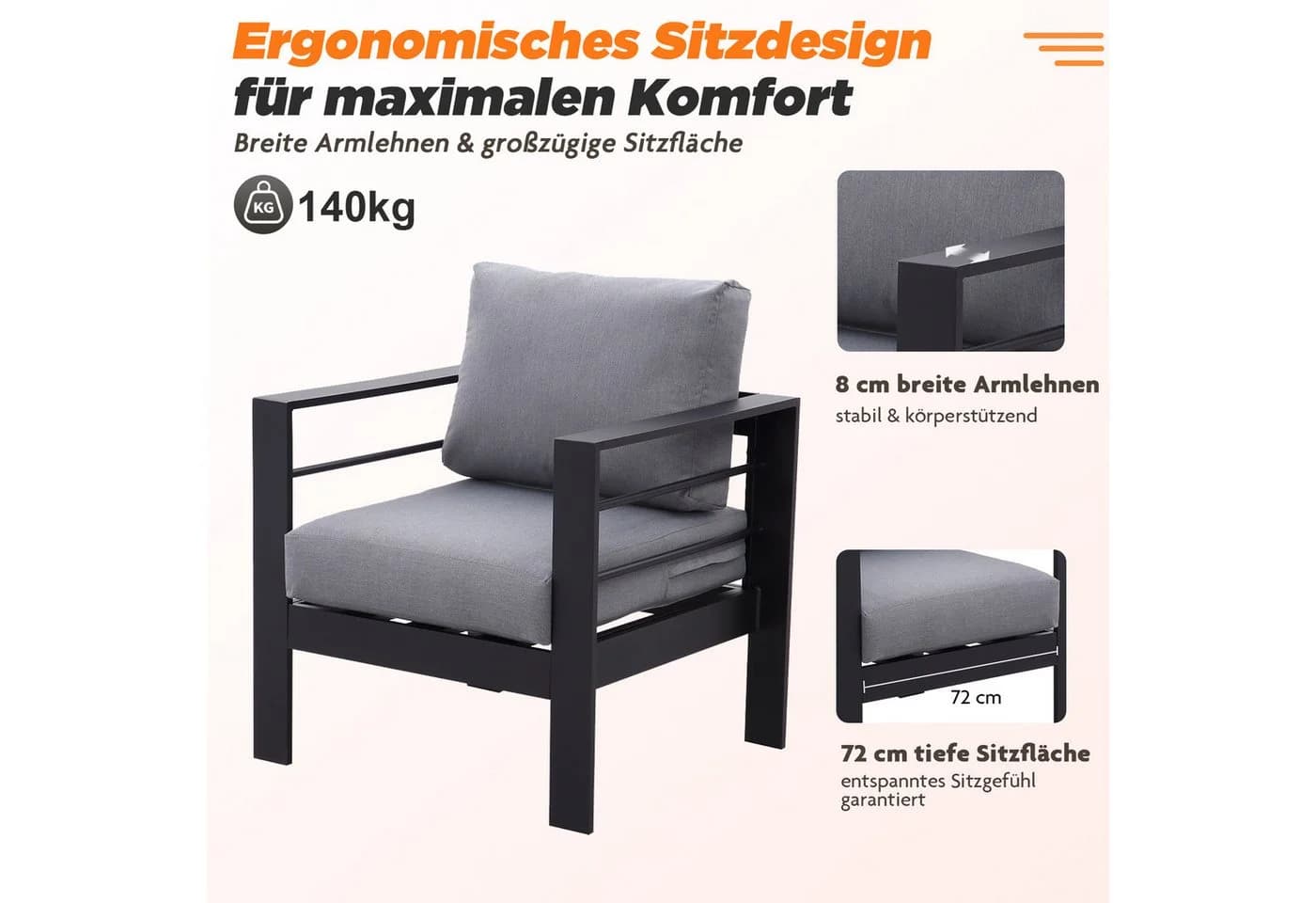 MeXo Gartenlounge-Set 4-5 Personen Aluminium Schwarz Wetterfest - Bild 4