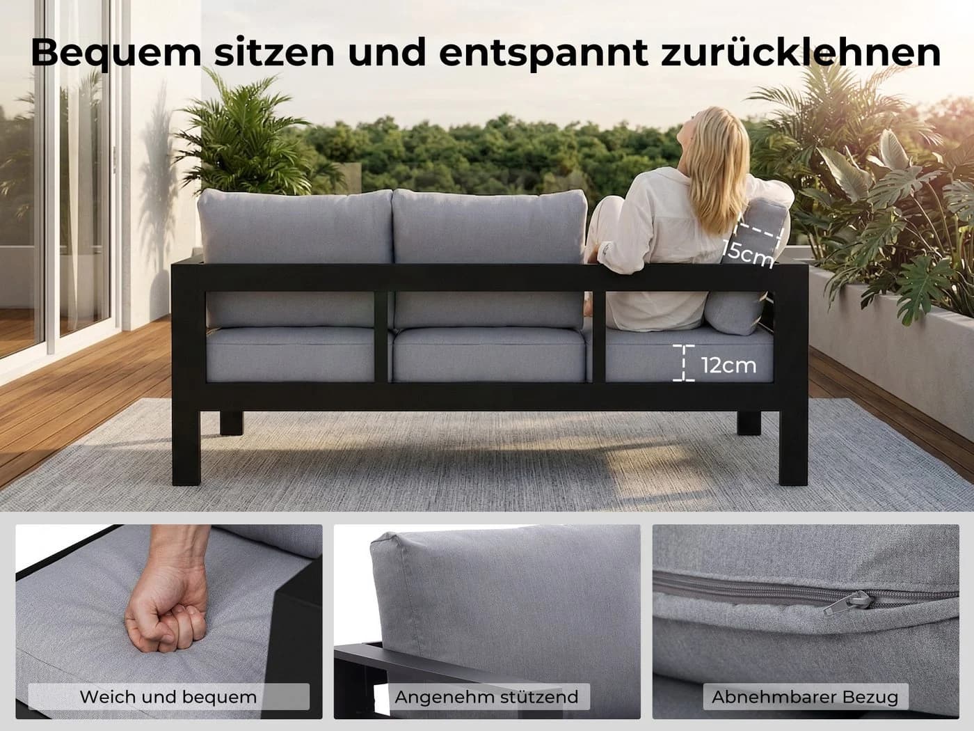 MeXo Gartenlounge-Set 5-tlg. Aluminium Schwarz mit Kissen - Bild 5