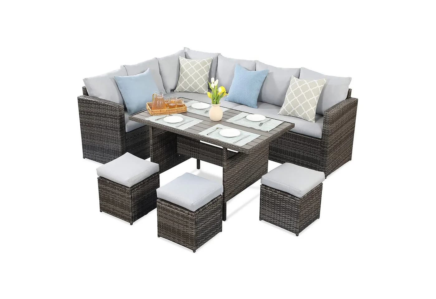 MeXo Loungeset 7-tlg. Grau Poly Rattan mit Esstisch