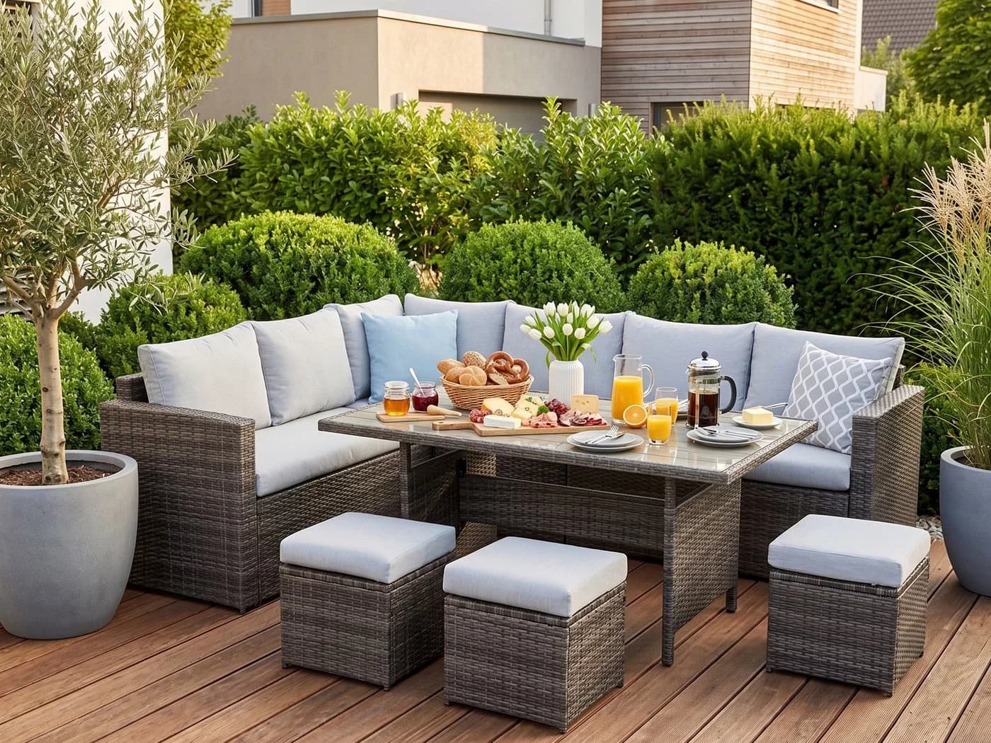 MeXo Loungeset 7-tlg. Grau Poly Rattan mit Esstisch - Bild 2